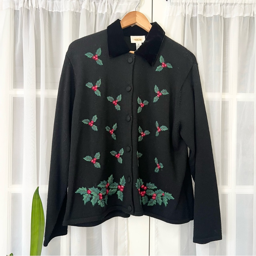 Talbots Vintage Wool Winter Christmas Holly Cardigan Sweater w/Velvet Collar